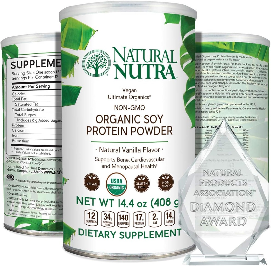 Doğal Nutra Organik Vegan Bitki Temel Soy Protein Kaynağı Toz, Midlife Transition, Supports Bone and improves Cardiovascular Health, Gluten Free, Non GMO, Sugar-Free 14.4 OZ.