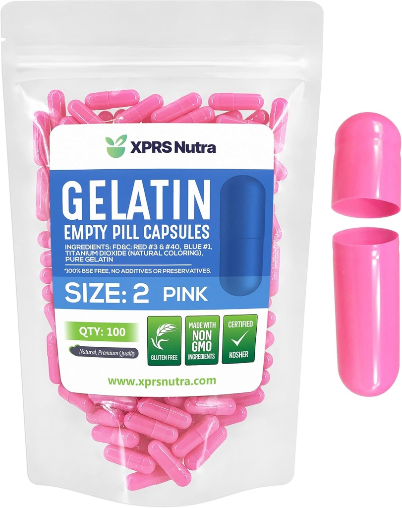 XPRS Nutra Size 2 Empty Capses - 100 Count Empty Gelatin Capses - Χάπια DIY Capsule Filling - Pure Bovine Pill Gel Caps for Do-It-Yourself Συμπληρώματα (Pink)