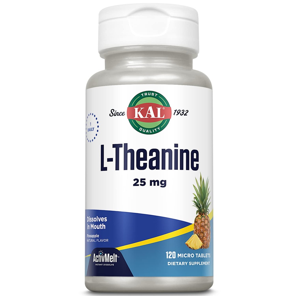 KAL L Theanine 25 mg ActivMelt - Rahatlama, Stres, Mood ve Focus Supplement - Stevia ile Doğal Pineapple Flavor - Vegetarian - 120 Servisler, 120 Anında Dissolve Micro Tabletler