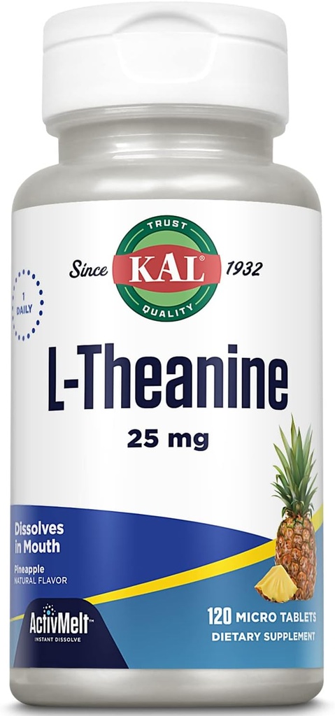 KAL L Theanine 25 mg ActivMelt - Rahatlama, Stres, Mood ve Focus Supplement - Stevia ile Doğal Pineapple Flavor - Vegetarian - 120 Servisler, 120 Anında Dissolve Micro Tabletler
