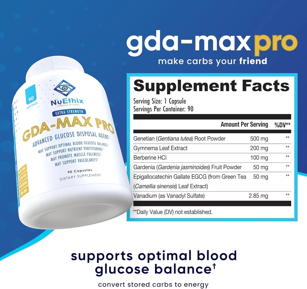 NuEthix Formulations GDA-MAX PRO, Double Berbine HCL συμπλήρωμα, Υποστηρίζει Μεταβολισμός γλυκόζης, Διαχείριση βάρους, Ανοσολογική Υποστήριξη, Υγεία καρδιάς - Μη ΓΤΟ, Χωρίς γλουτένη, Χωρίς γαλακτοκομικά, 90 Μέτρα