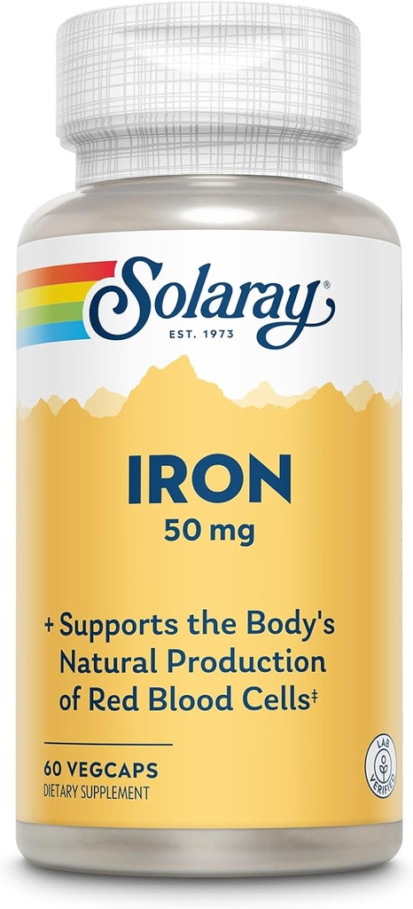 SOLARAY Iron Capsules 50 mg - Kadınlar ve Erkekler için Demir Supplement / Parsley ve Sarı Dock Kök, Kırmızı Kan Hücrelerinin Doğal Üretimi, 60 Günlük Garanti, 60 Hizmet