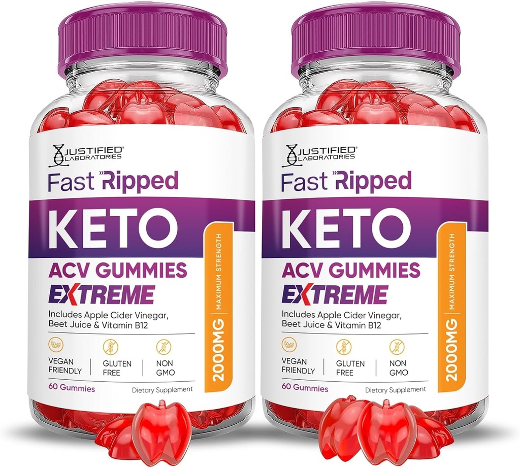 Justified Laboratories (2 Pack Fast Ripped Keto ACV Gummies Extreme 2000MG Fast Ripped Keto Gummies Apple Cider Vinegar Formulated with Pomegranate Beet Juice B12 Vegan Non GMO 120 Gummys