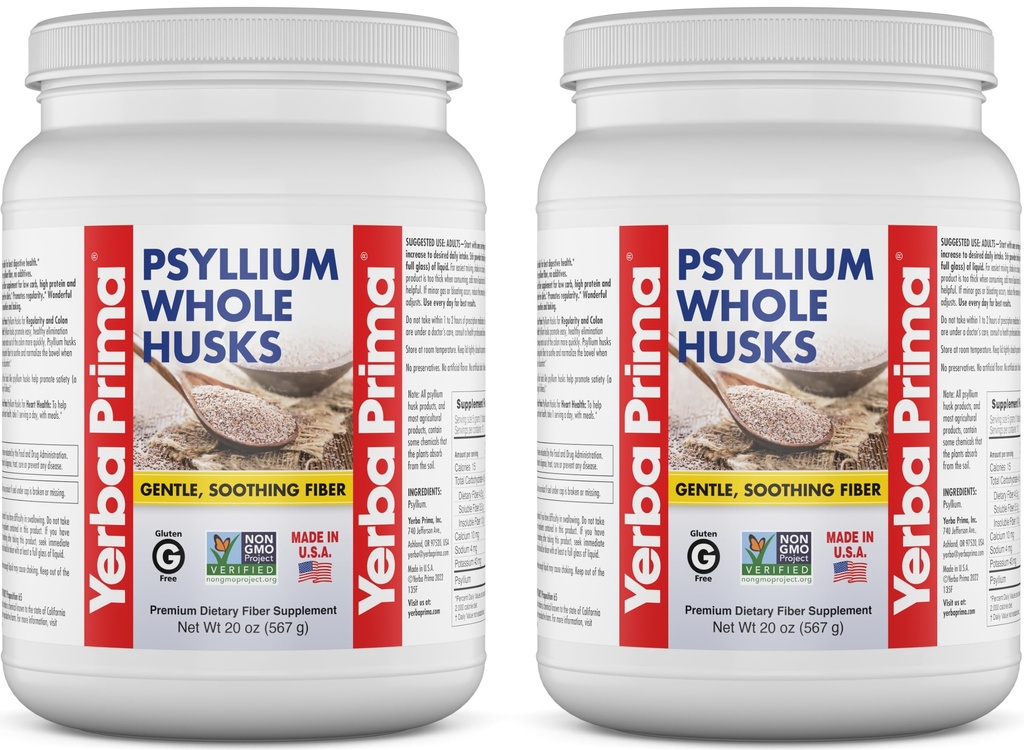 Yerba Prima Whole Psyllium Husk Fiber Supplement 20 oz (Pack of 2) - Vegan, Gluten Free, Non-GMOMO