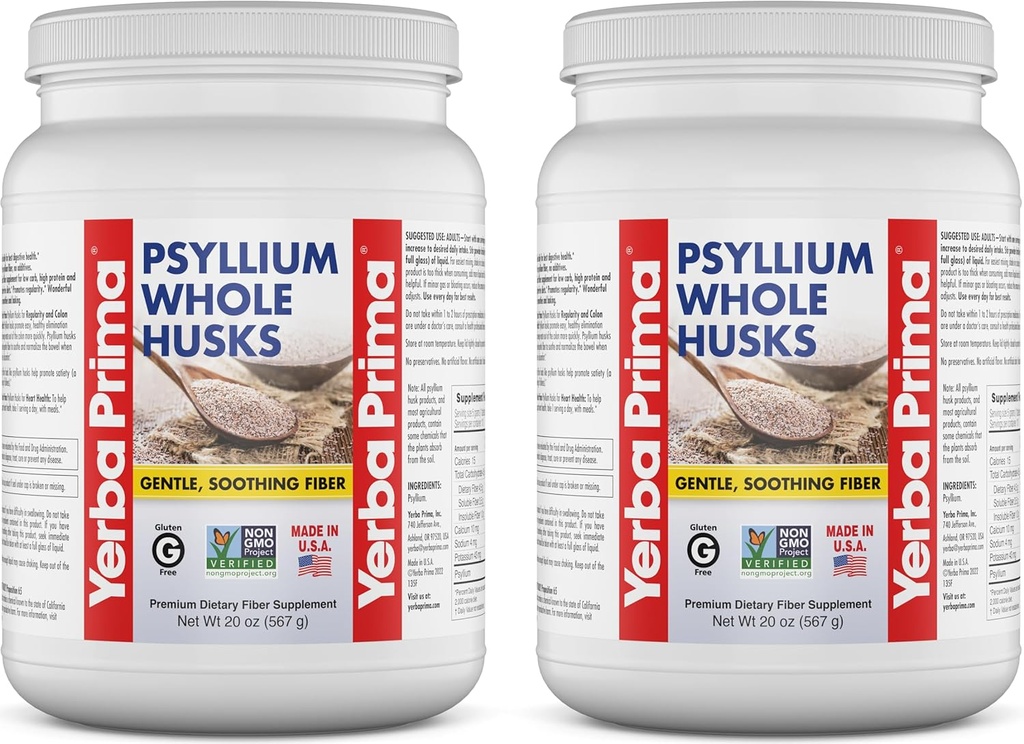 Yerba Prima Whole Psyllium Husk Fiber Supplement 20 oz (Pack of 2) - Vegan, Gluten Free, Non-GMOMO