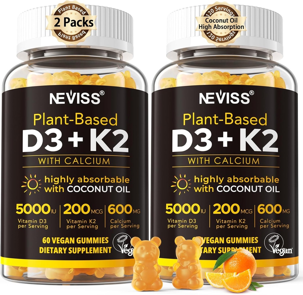 Βιταμίνη D3 5000iu & K2( ως MK7 ) 200mcg Gummies + 600mg Ασβέστιο, με έλαιο καρύδας για υψηλή απορρόφηση, μέγιστη δύναμη Βιταμίνη D3 K2 συμπλήρωμα - Υποστήριξη για τα οστά μυϊκά δόντια Ανοσοποιητικό, Vegan 2Packs