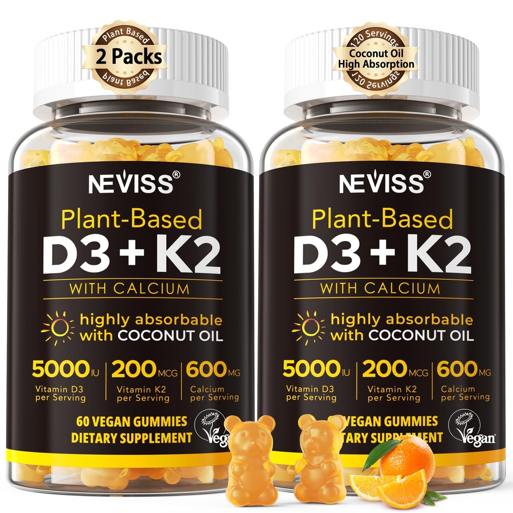 D3 5000iu & K2 ( MK7 olarak) 200mcg Gummies + 600 mgo, Yüksek Absorpsiyon için Coconut Yağı, En Güçlü Vitamin D3 K2 Supplement - Bones Muscle Immune için Destek, Vegan 2Packs