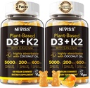 D3 5000iu & K2 ( MK7 olarak) 200mcg Gummies + 600 mgo, Yüksek Absorpsiyon için Coconut Yağı, En Güçlü Vitamin D3 K2 Supplement - Bones Muscle Immune için Destek, Vegan 2Packs
