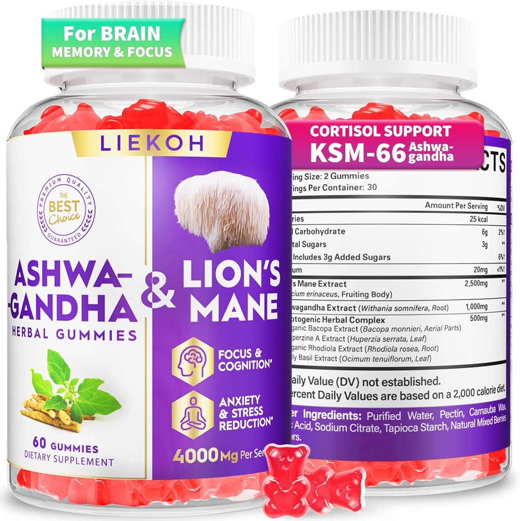 Ashwagandha Gummies - Organik Ashwagandha & Lions Mane Gummies for Yetişkinler için 4 Adaptogen Herb for Stress, Cognitive & Immune Support / Cortisol Supplements for Women & Men, Berry Flavor - 60 Counts