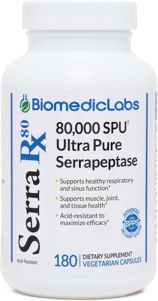 Serra-RX 80.000 SU Serrapeptase - Asit-Resstant Proteolytic Systemic Enzyme, Non-GMO, Gluten Free, Vegan, Supports Sinus & Lung Health, 180 Veg Capsules