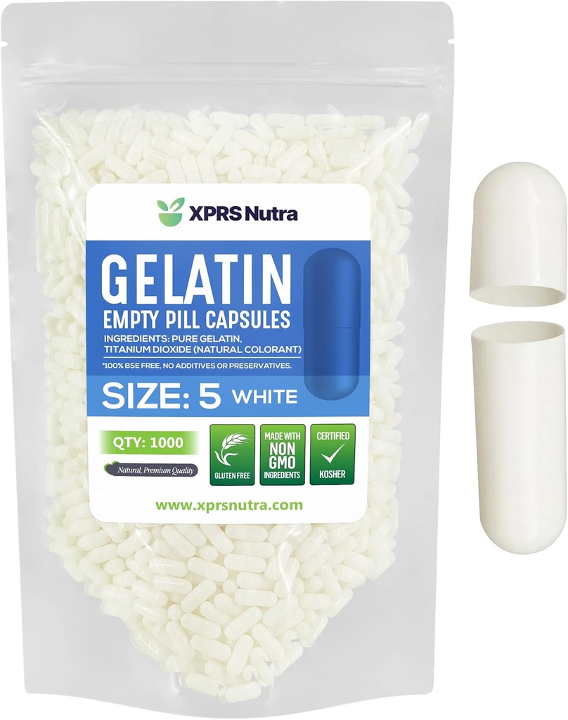 XPRS Nutra Boyutu 5 Boş Kapsüller - 1000 Kont Çok Küçük Boş Gelatin Capsules - Pills DIY Capsule - Do-It- Yourself Vitamin Supplements (Beyaz)