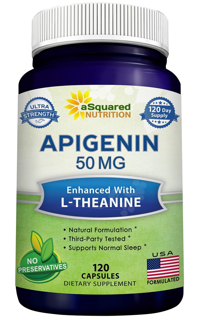 ASquared Beslenme Apigenin 50 mg & L-Theanine 200 mg - 120 Capsules - Apigenin Supplement Pills for Sleep and Relaxation - Natural Bioflavonoid Extract found in Chamomile Tea