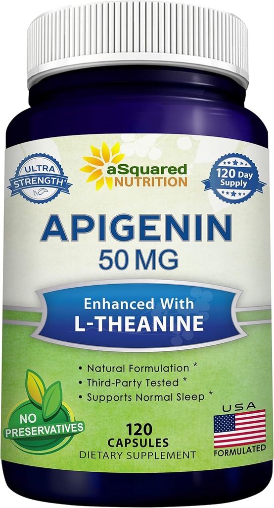ASquared Beslenme Apigenin 50 mg & L-Theanine 200 mg - 120 Capsules - Apigenin Supplement Pills for Sleep and Relaxation - Natural Bioflavonoid Extract found in Chamomile Tea