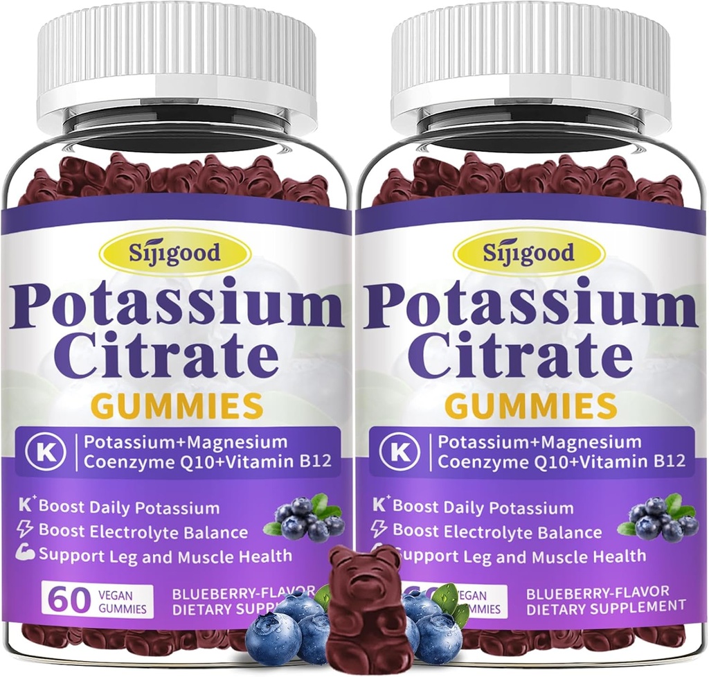 2 τεμ. Κιτρικό κάλιο Gummies, συμπλήρωμα καλίου για την υγεία των μυών, ανάγλυφο ποδιού & ηλεκτρολυτικό ισοζύγιο, Vegan, μη GMO, χωρίς γλουτένη, άρωμα βατόμουρο, 120 κόμης