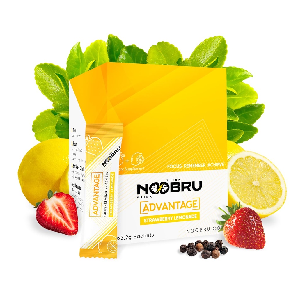 Noobru Аdvantage Nootropic - Delicious Nootropics Brain Supplement with 11 Active Ingredients - Natural Cognitive Enhancer - 20 Sachets φράουλα Λεμονάδα - 1 Μήνας Προμήθεια, 20 Count (Pack of 1)