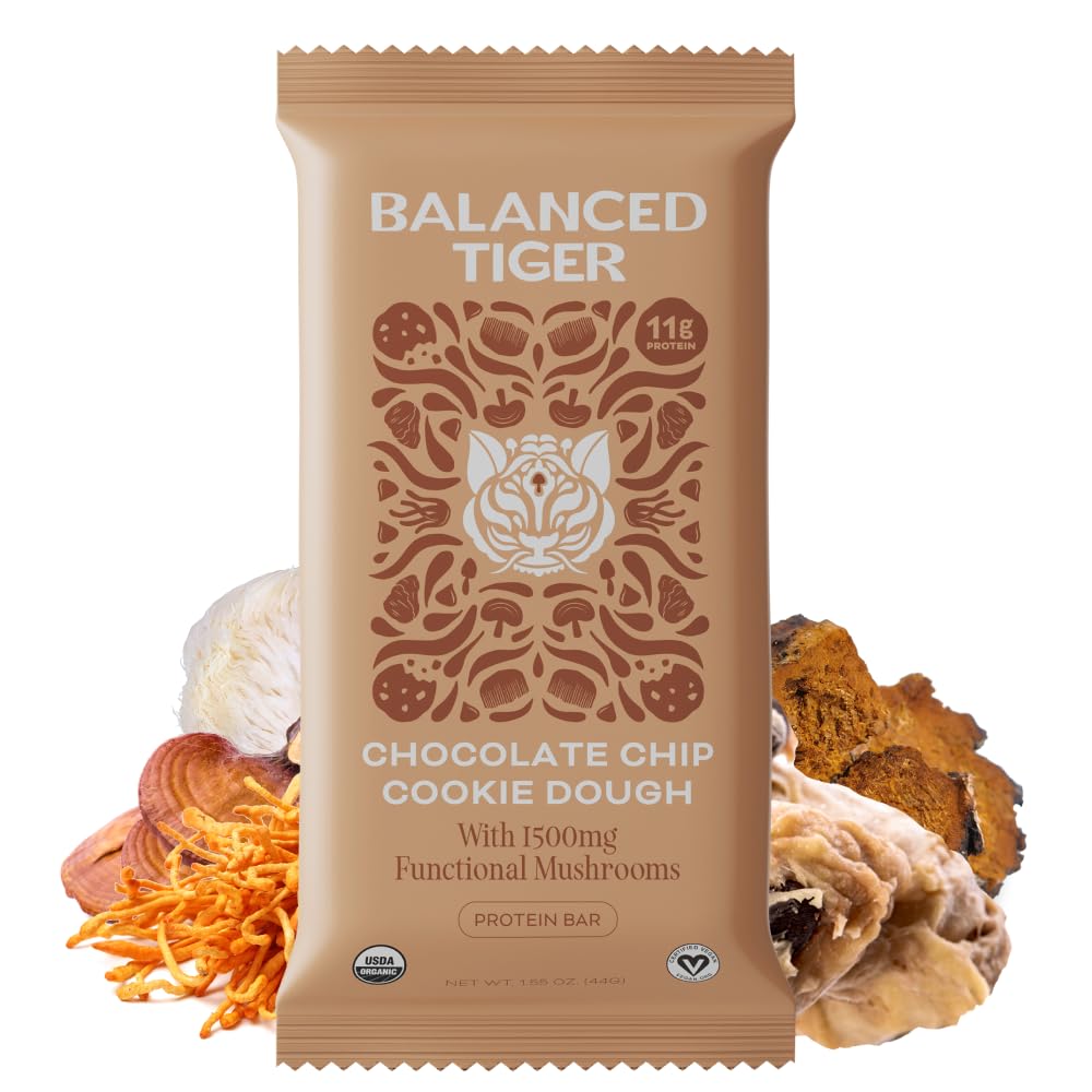 Organic Functional Mushroom Vegan Protein Bars | Made in USA | Full Dose (1500mg) Lions Mane, Chaga, Reishi & Cordyceps Bars | Plant Protein Bars w/ Adaptogens & Superfoods | Chocolate Chip Cookie Dough