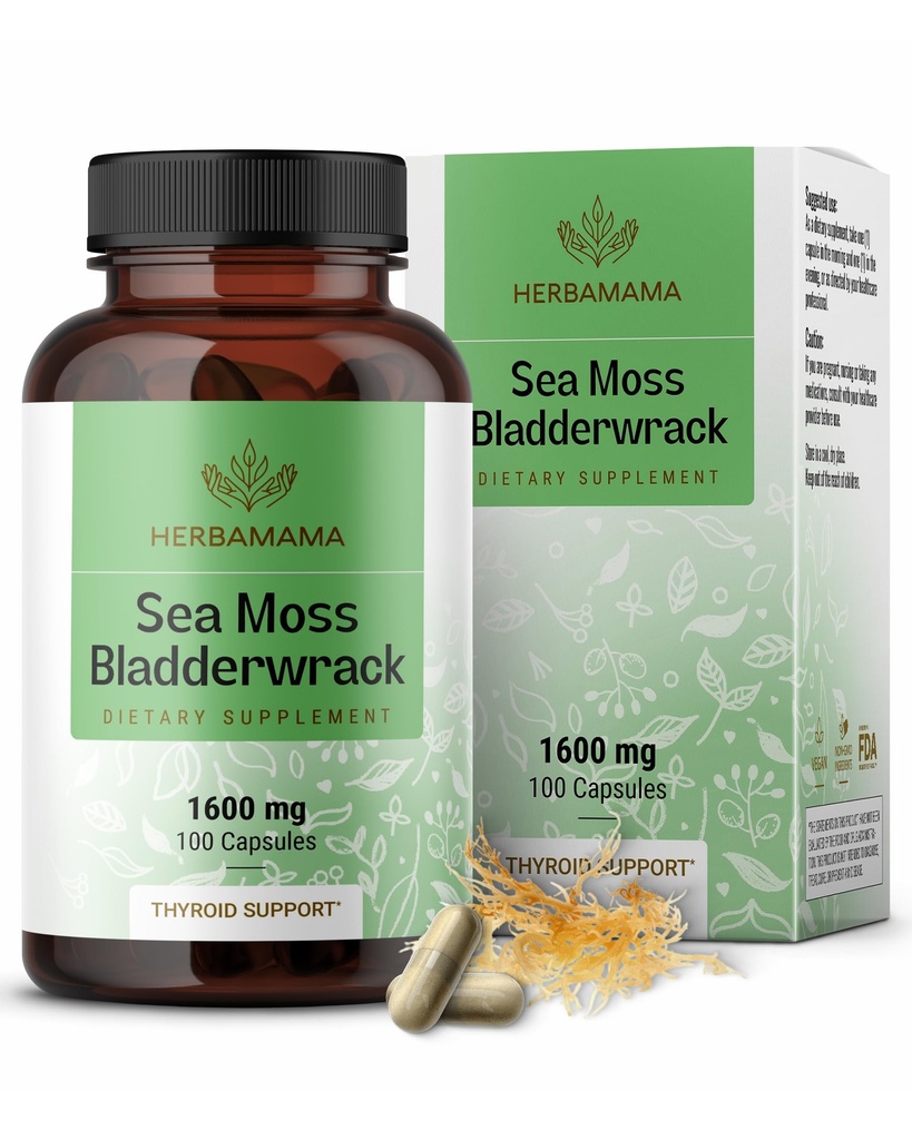 HERBAMAMA Sea Moss and Bladderwrack Κάψουλες - 1600mg Ιρλανδική θάλασσα Moss για την υποστήριξη του ανοσοποιητικού - Vegan, μη ΓΤΟ συμπλήρωμα ασυλίας για τη συνολική υποστήριξη
