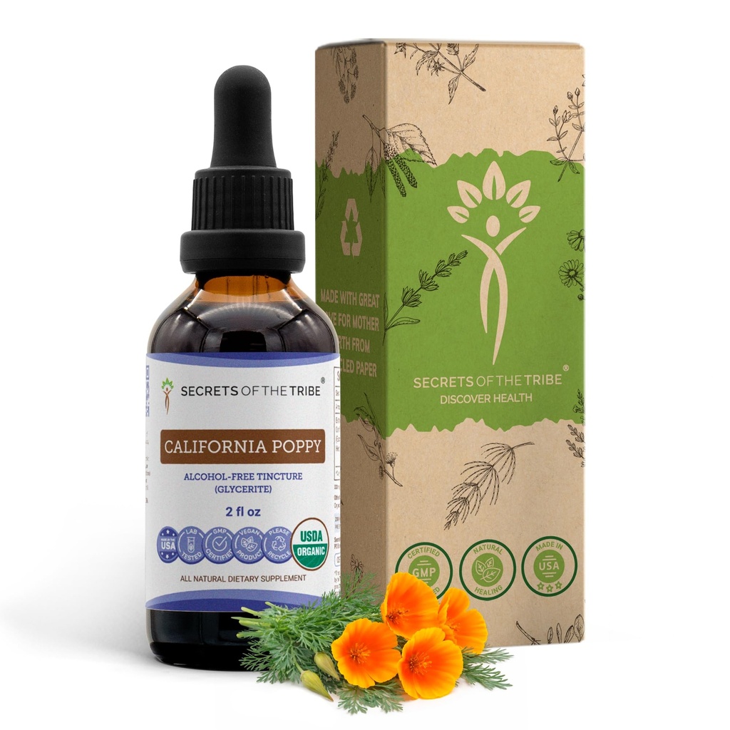 Tribe California Poppy Tincture Alkol-Free Liquid Extract, USDA Organik Kaliforniya Poppy (Eschscholzia Californica) 2 FL OZ)