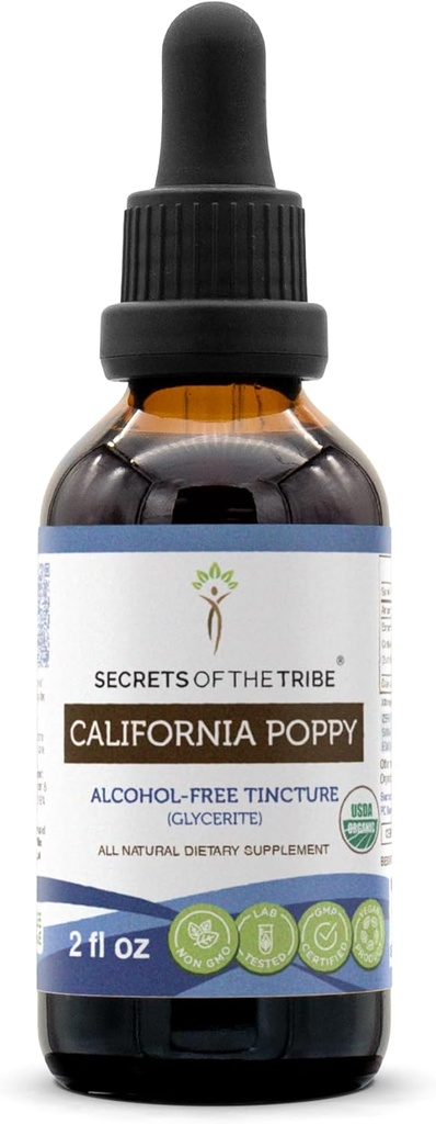 Tribe California Poppy Tincture Alkol-Free Liquid Extract, USDA Organik Kaliforniya Poppy (Eschscholzia Californica) 2 FL OZ)