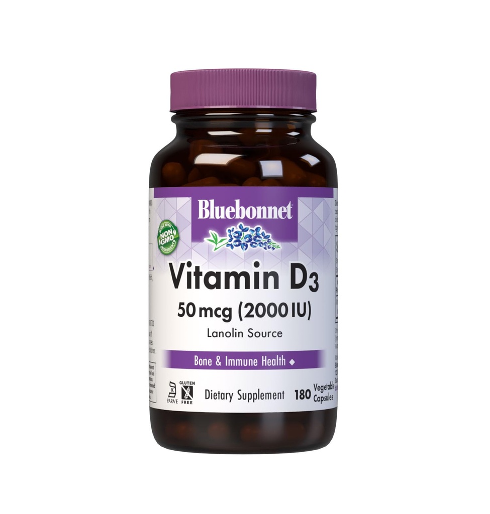 Bluebonnet Beslenme Vitamin D3 2000 IU Sebze Kapsülü, Kas ve Skeletal Büyüme Yardımı, Lanolin, D3, GMO, Gluten Free, Soy Free, Milk Free, Kosher, 180 Sebze Capsule