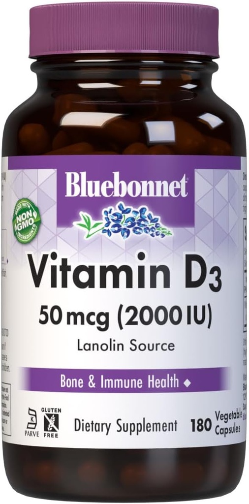 Bluebonnet Nutrition Vitamin D3 2000 IU Vegetable Capsule, Aid in Muscle and Skeletal Growth, Cholecalciferol from Lanolin, D3, Non GMO, Gluten Free, Soy Free, Milk Free, Kosher, 180 Vegetable Capsule