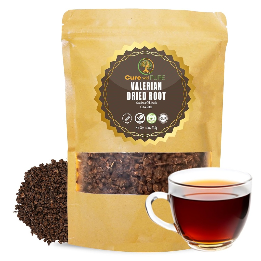 Cure wid Pure Organic Valerian Root Tea - Cut,Sifted & Non-Irradiated Valerian Tea Doğal Rahatlama Uykusu - Te De Valeriana outicinalis in Resealable Eco Friendly Pouch 4oz