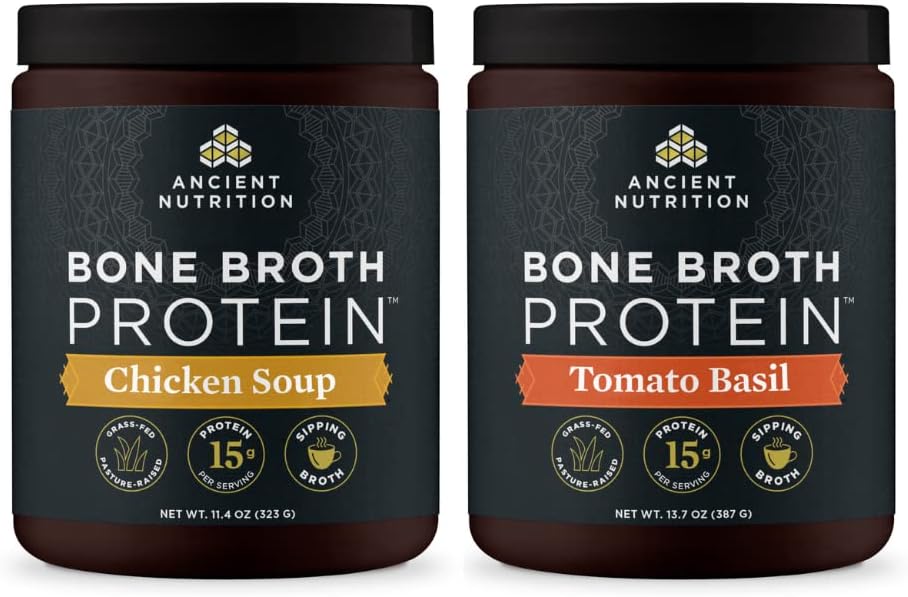 Eski Beslenme Bone Broth protein Toz, Tavuk Soup, 15 Hizmet + Bone Broth protein Toz, Tomato Basil, 15 Hizmet