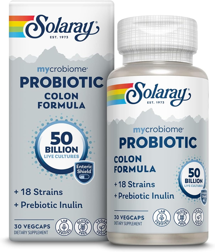 SOLARAY Mycrobiome Probiyotik Kolon Formula, Vegan, Digestive Function, Colon Health ve Immune System Support, 50 Milyar CFU, 18 Strains, Prebiyotik Inulin, 60 Günlük Garanti, 30 Hizmet, 30 VegCaps