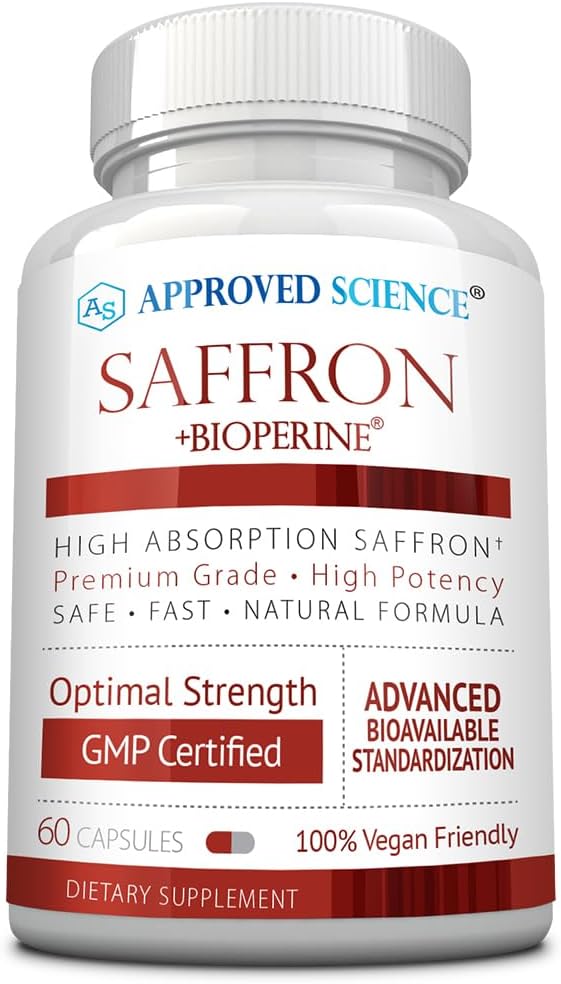 Approved Science® Saffron Standardized to 3% Crocin, 2% Safranal - High-Absorption BioPerine - Vegan, 60 Capsules - Pack of 1