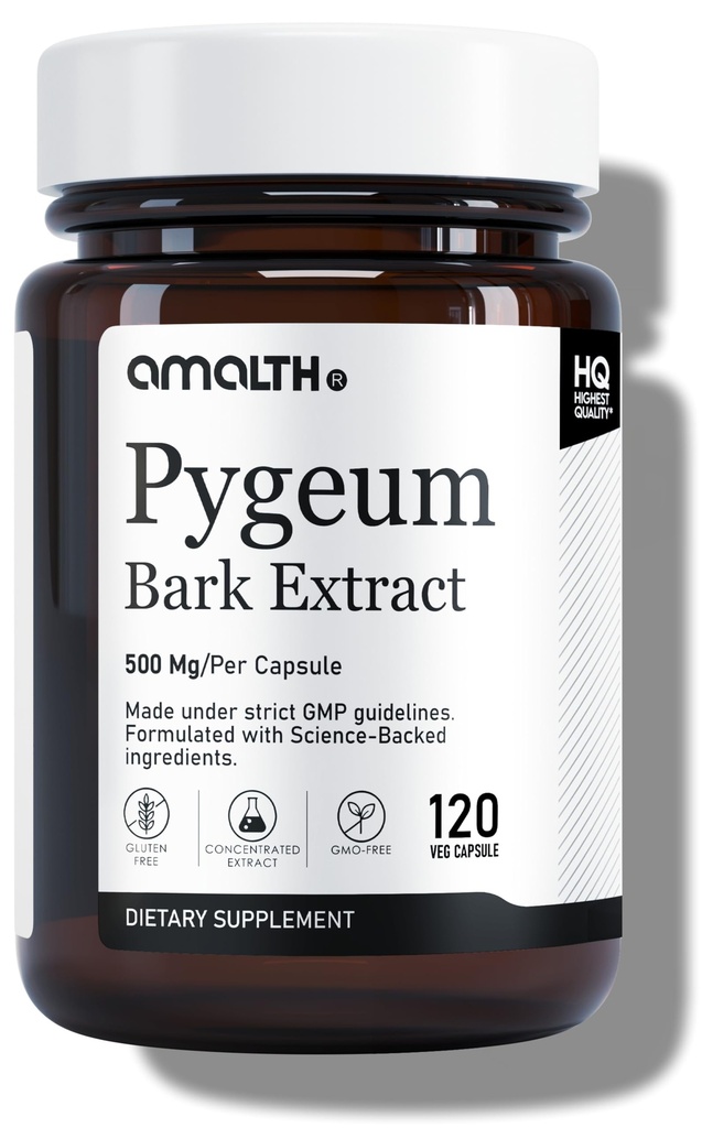Amalth Pygeum Capsules 500 mg | Pygeum Bark Extract Supplement | Pygeum Africanum Capsules | Prostate Support & Herbal Extract Formula | Plant Based | Non-GMO | 120 Veg Capsules