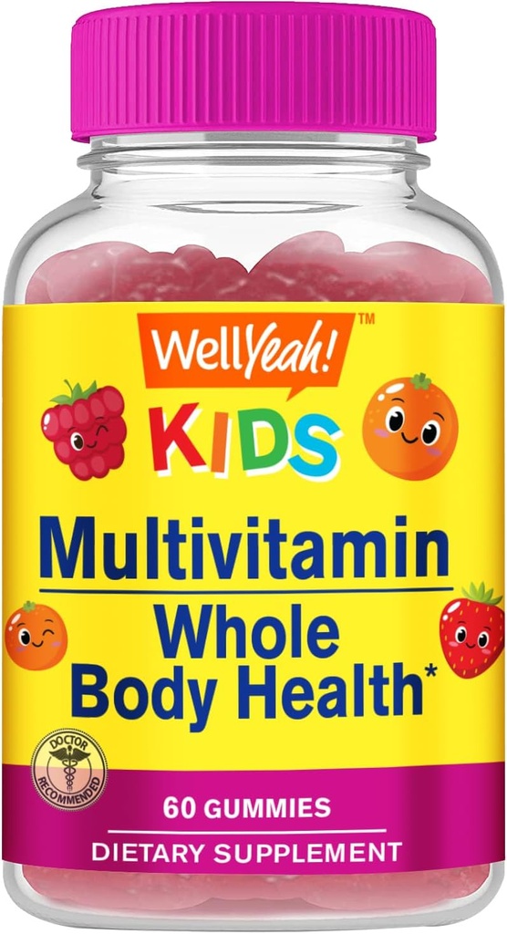 WellYes Kids Multivitamin Gummies | Vitamin C, D3, E, A, B6, B12, Biotin, çinko, Folic Acid, Iodine, ve Niacin | Immune ve Enerji Desteği | Orange ve Berry Flavor | 60