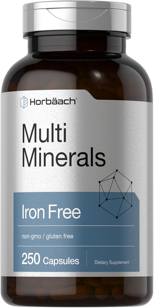 Horbäach Multi Minerals Supplement | 250 Capsules | Iron Free | Daily Mineral Kompleks for Men and Women | Non-GMO & Gluten Free