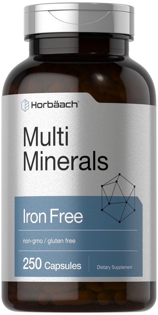 Horbäach Multi Minerals Supplement | 250 Capsules | Iron Free | Daily Mineral Kompleks for Men and Women | Non-GMO & Gluten Free