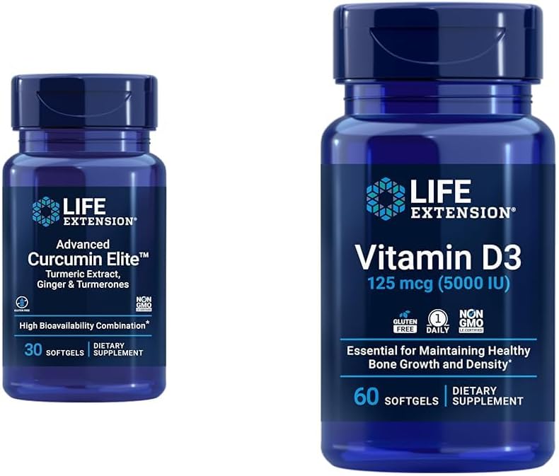 Life Extension Curcumin Elite Turmeric Ginger Extract & Vitamin D3 5000 IU Softgels - Healthy Inflammatory Immune Response and Bone Brain Health - 30 & 60 Count