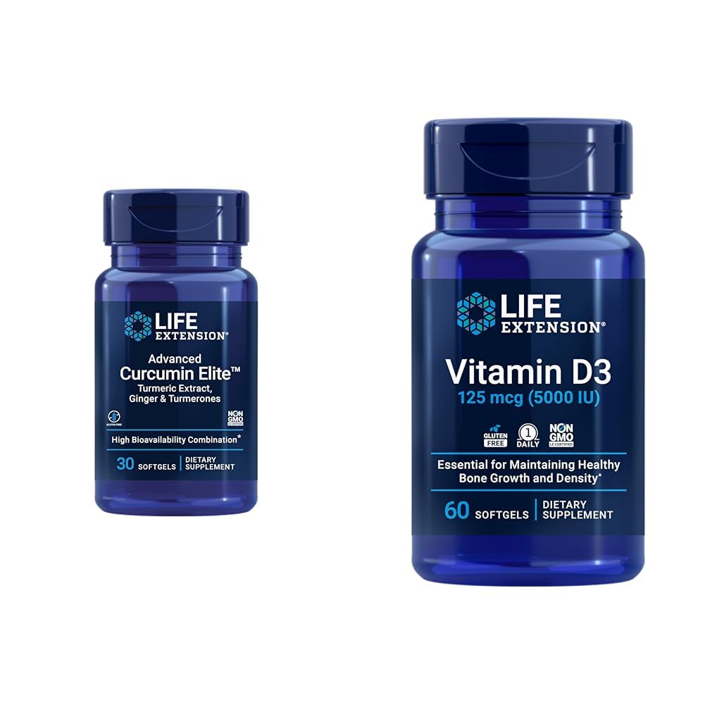 Life Extension Curcumin Elite Turmeric Ginger Extract & Vitamin D3 5000 IU Softgels - Sağlıklı Inflammatory Immune Response and Bone Brain Health - 30 & 60 Count Count