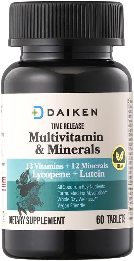 DAIKEN Mini Multivitamin, 60 Tablet, Lutein, Lycopene & Folic Asit ile Geliştirildi, Zaman Kadınlar ve Erkekler için Çokvitamin, Vegan & Easy to Swallow