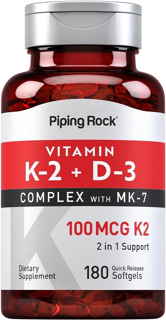 Piping Rock Vitamin K2 D3 Supplement | 100 mcg | 180 Softgels | MK7 | Non-GMO, Gluten Free