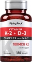 Piping Rock Vitamin K2 D3 Supplement | 100 mcg | 180 Softgels | MK7 | Non-GMO, Gluten Free