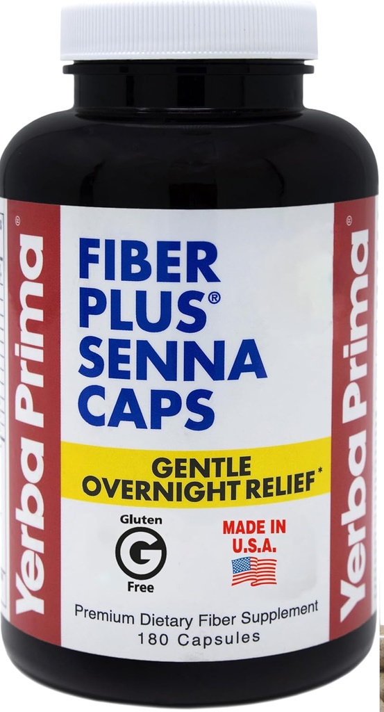 Yerba Prima Fiber Plus Senna Capsules, 180 Kont - Gece Yardımı, ABD Made, Non-GMO, Gluten-Free