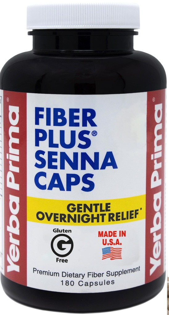 Yerba Prima Fiber Plus Senna Capsules, 180 Kont - Gece Yardımı, ABD Made, Non-GMO, Gluten-Free