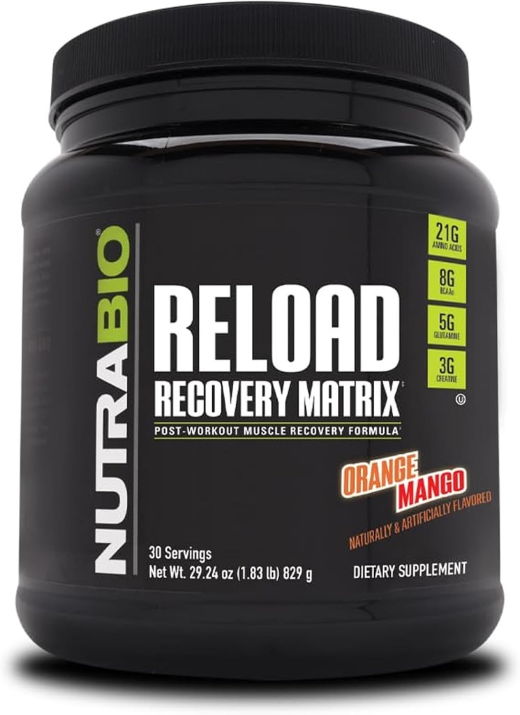 NutraBio Reload - Güçlü Muscular Recovery Formula - Post-Workout Supplement - 3G Kretin - 8G BCAAs - 5G Glutamine - 30 Hizmet, Orange Mango
