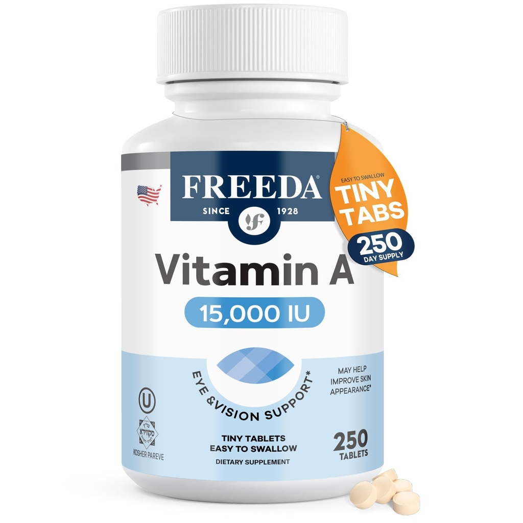Freda Vitamin A 15.000 IU – Reτινύλιο Παλμιτικό – Vegan, Kosher, Χωρίς Ψάρια – Οφθαλμική, Όραση, Ανοσοποιητική & Δερματική Υποστήριξη – Μικροσκοπικά δισκία Easy- to- Swallow – VIT A Vitamina A Supplement – 250 Tablets
