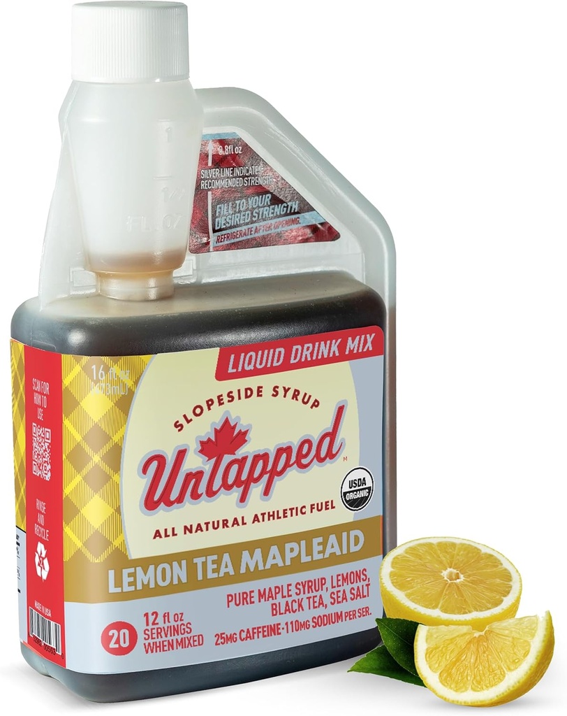 Untapped Lemon Tea Mapleaid - 20 Servisler 16 fl oz Bulk Şişe Organik Haritale Syrup, Lemon Juice & Black Tea Run Yakıt Enerjili Elektrolytes & Caffeine Natural Powered by Pure Vermont Maple