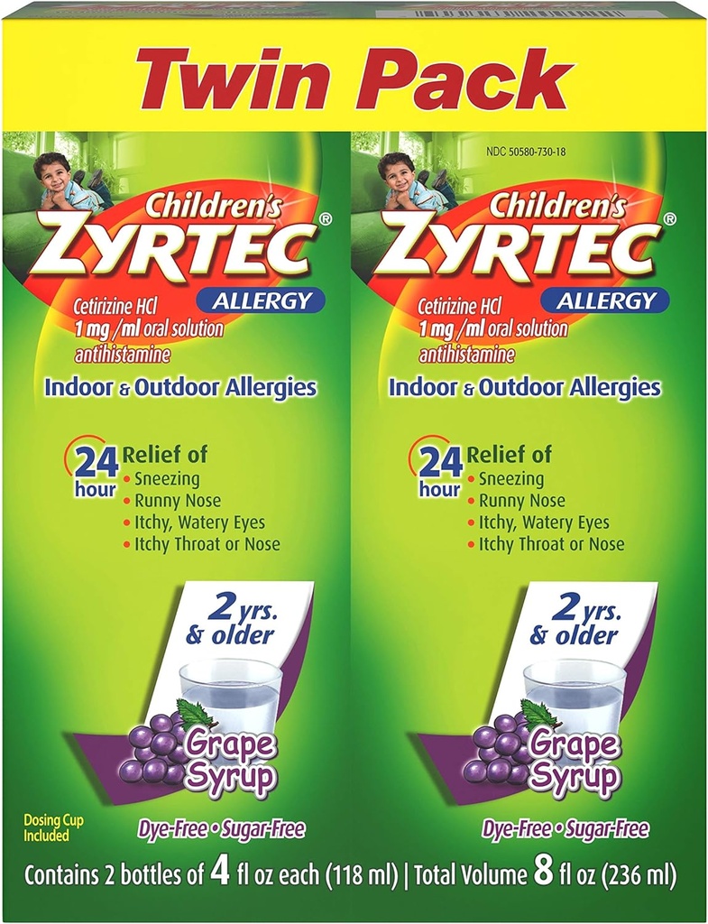Zyrtec 24 Hr Çocuk Alerji Syrup with Cetirizine, Sugar-Free Grape, Twin Pack of 4 fl. oz