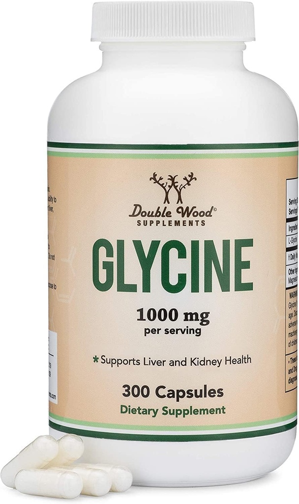 Glycine Supplement - hizmet başına 1000 mg Glycine Toz (300 Capsules) Rahatlık asit (Glicina) (Third Party Tested, Gluten Free, Non-GMO) Double Wood
