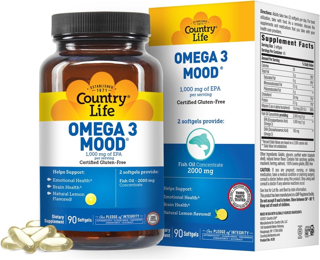 Country Life Omega 3 Mood – 2000 mg Fish Oil with EPA & DHA – Brain, Heart & Mood Support – Lemon Flavored, No Fishy Aftertaste – sertifikalı Gluten Free, Non-GMO – 90 Softgels