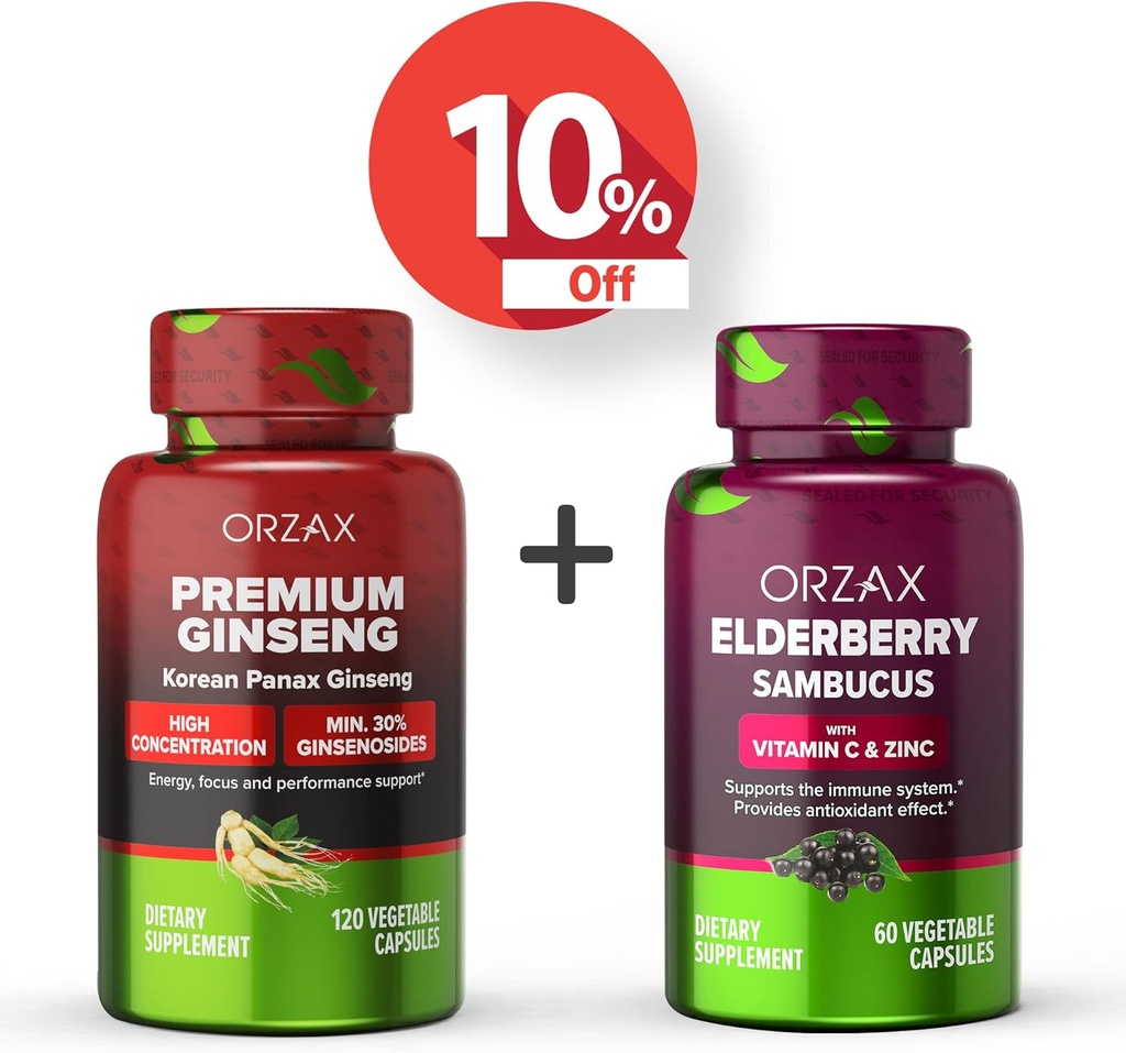 ORZAX Ginseng, 30% Ginsenosides, Premium 120 κάψουλες λαχανικών και κάψουλες Elderberry, 2000mg 60 κάψουλες λαχανικών, Bundle