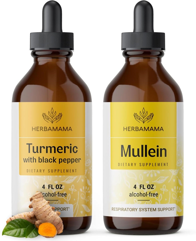 HERBAMAMA Liquid Drops Kit - Bundle of Turmeric Curcumin Extract & Mullein Leaf Tincture - Vegan, μη ΓΤΟ, Ζάχαρη & Αλκοόλ-δωρεάν - 2 Pack