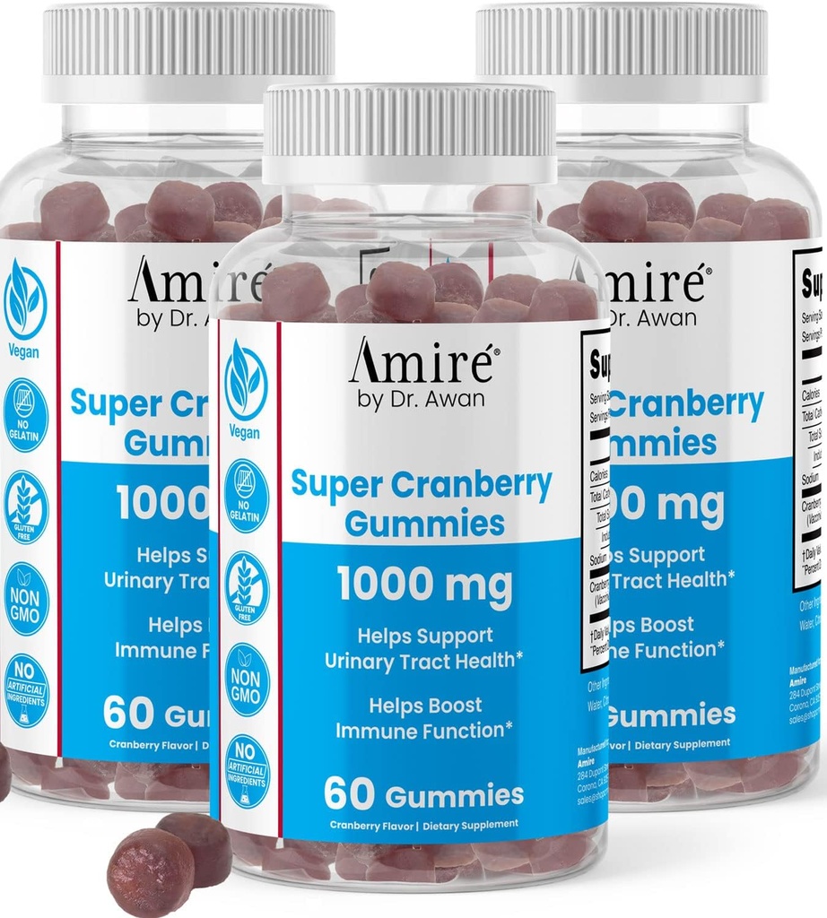 Dr. Awan Super Cranberry Gummies tarafından Amire, Urinary Tract Health'i desteklemeye yardımcı olur, Immune Function, Gelatin-Free Cranberry Chews for Men & Women, 180ct, 90-Day Supply