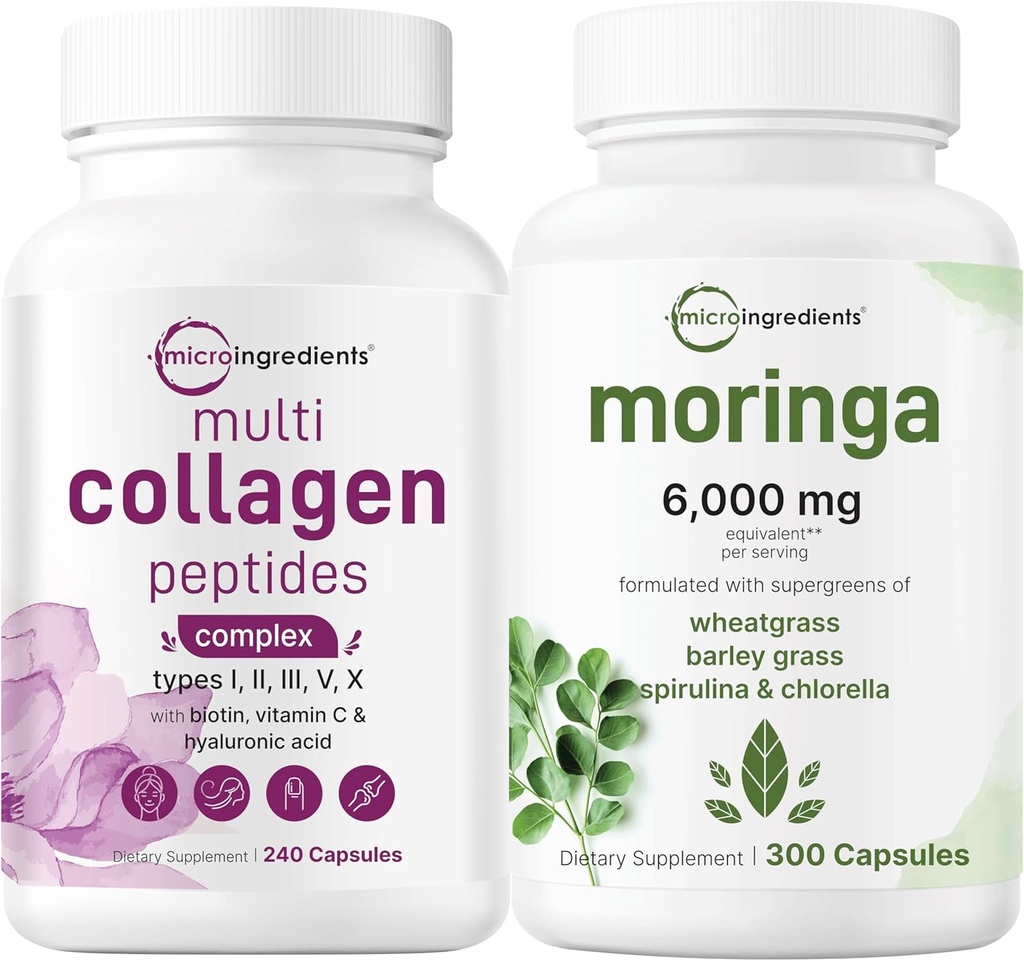 Micro Ingredients Multi Collagen Complex 240 Capsules & Moringa Oleifera 6,000mg Equivalent 300 Capsules Bundle 2 Pack | Hydrolyzed Protein Peptides | Antioxidant Supplement